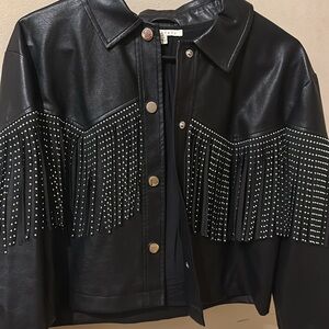 Trendy Black Leather Jacket with Silver Fringe